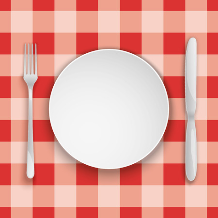 Plate and cutlery on a stripy red tableclothのイラスト素材