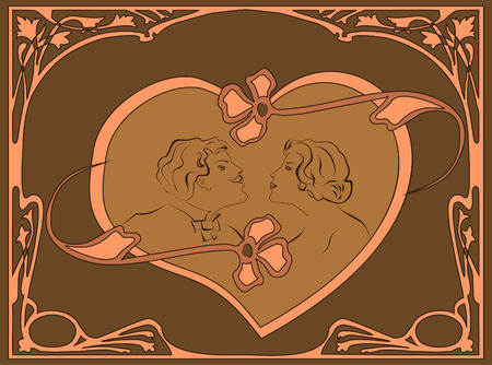 Portrait of a loving couple in the Art Nouveau style in the frame.のイラスト素材