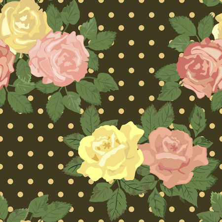 Vector repeating pattern with pink and yellow roses in vintage style.のイラスト素材