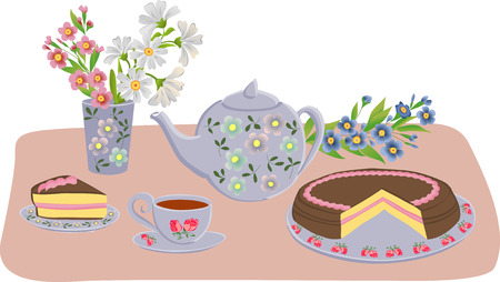 composition with kettle cups cake and flowers.のイラスト素材