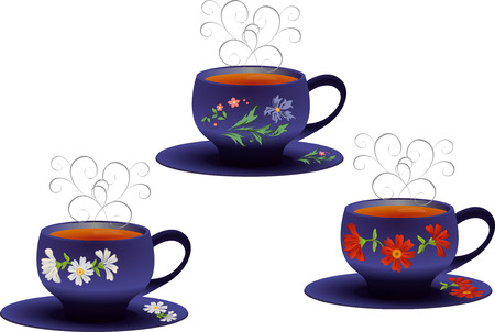 illustration of blue cups with a floral pattern.のイラスト素材