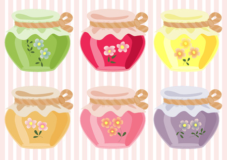 Six jars of jams on the striped background.のイラスト素材