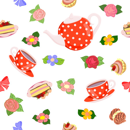Vector repeating pattern from the kettle, cups, cake, cupcakes and flowers.のイラスト素材