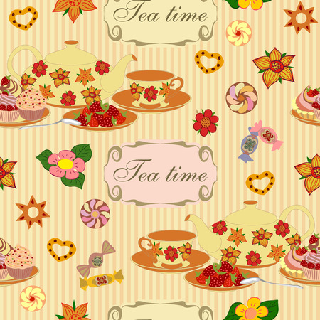 Seamless vector pattern with teapot, cups, strawberries and cake.のイラスト素材