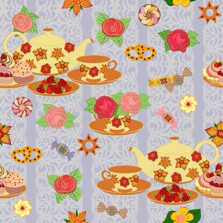 Seamless vector pattern with teapot, cups, berries and cake.のイラスト素材