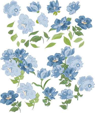 Set of isolated blue colors, elements and bouquets.のイラスト素材