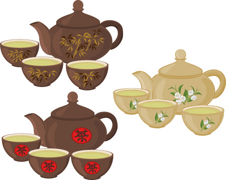 The teapot and small cups of Chinese green tea. Set of isolated objects.のイラスト素材
