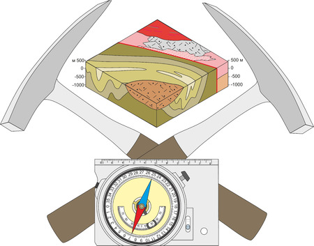 Geological compass, geological hammer and a block diagram.のイラスト素材