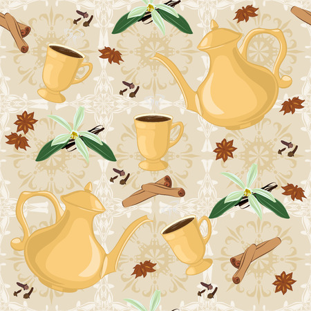 Vector seamless pattern with coffee pot, cups and Oriental spices.のイラスト素材