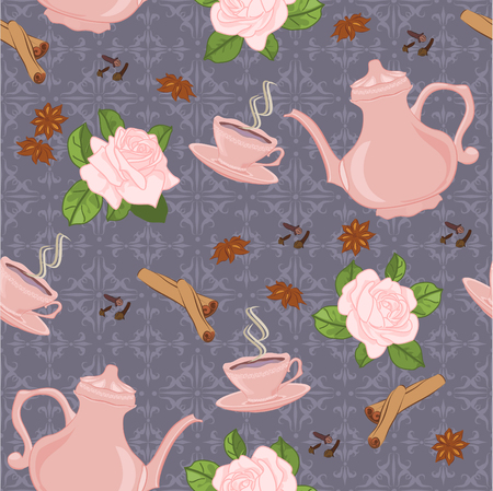 Vector seamless pattern with coffee pot, cups and Oriental spices.のイラスト素材
