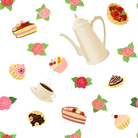Seamless pattern with coffee pot, cups, cakes and roses.のイラスト素材