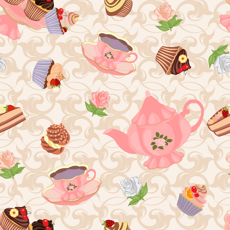 Vector seamless pattern with teapot, cups, cakes and flowers.のイラスト素材