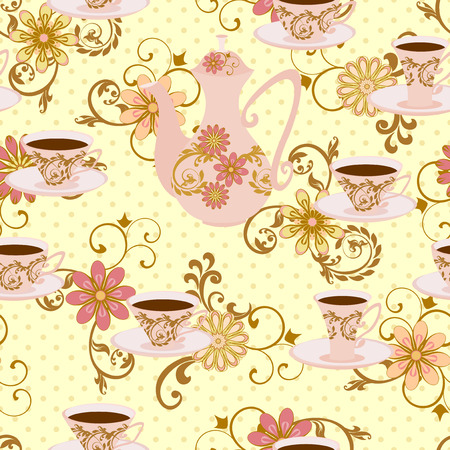 Seamless pattern with teapot, tea cups and flowers.のイラスト素材