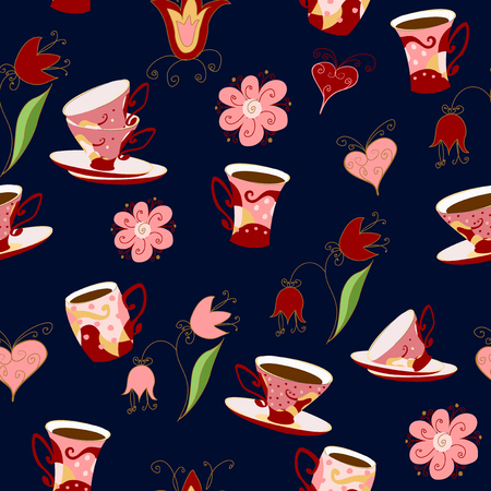 Cup with a drink (tea, coffee), flowers and hearts.のイラスト素材