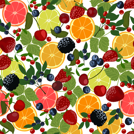 Slices of lemon, orange, lime, blueberries, cranberries, lingonberries, cherries and strawberries.のイラスト素材