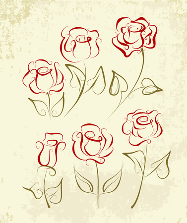 A set of rose drawn in pen and ink. Graphic roses isolated on old grunge paper.のイラスト素材