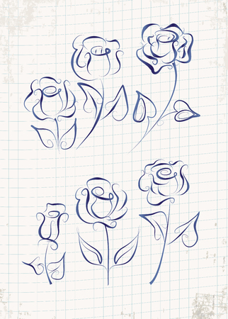 A set of rose drawn in pen and ink. Graphic roses isolated on old grunge paper in the cage.のイラスト素材