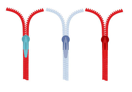 Three zippers isolated. Vector set of slide fasteners on a white background.のイラスト素材