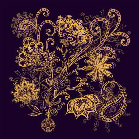 Yellow design of flowers on a dark purple backgroundのイラスト素材
