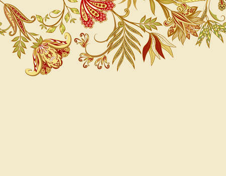 Bouquet of fantastic flowers. Background in ethnic traditional style. Abstract vintage pattern with decorative flowers, leaves and Paisley pattern in Oriental style.のイラスト素材