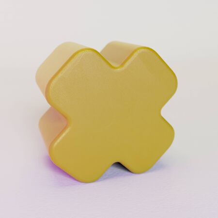 Yellow plastic cross shape toy block on white background. 3D illustration