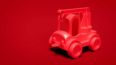 Red plastic toy truck on red background. 3D illustration. Children toysの写真素材