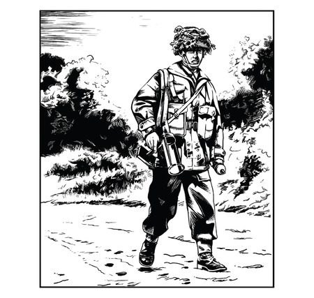 Vector illustration of a British WW2 paratrooper carrying an anti-tank weaponのイラスト素材