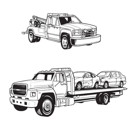 black and white vector illustration of towingr trucksのイラスト素材