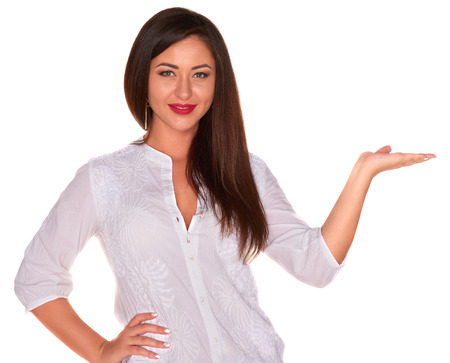 Pretty office woman in white shirt isolate on white backgroundの写真素材