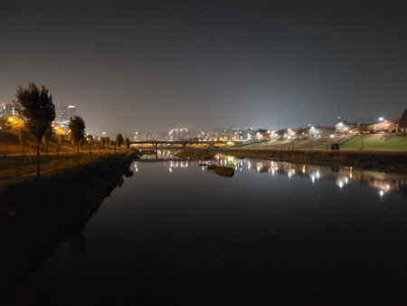 night view of the river in the city, closeup of photoの写真素材