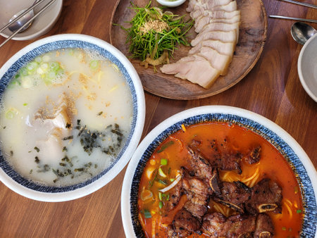 Korean food Dried pork, miso soup and ramenの写真素材