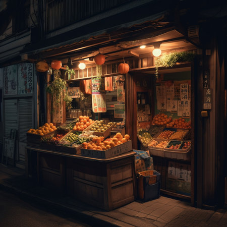Fruits and vegetables on the street at night in Kyoto, Japan.の素材