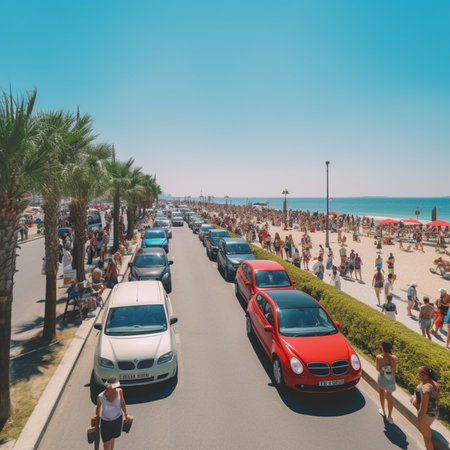 Cars parked on the beach with people in the background. Summer vacation concept.の素材