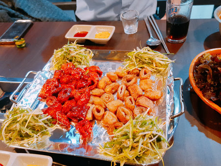 Seafood platter on a table at a Japanese restaurant.