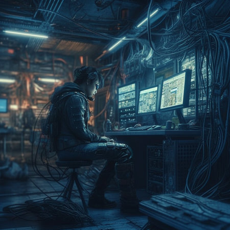 Man in a dark room with computer and wires. 3d rendering.Generative AIの素材