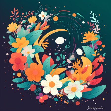 Floral wreath with colorful flowers and leaves. Vector illustration.の素材