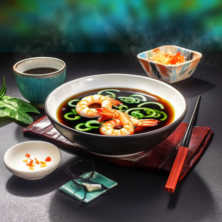 Japanese miso soup with shrimps and cucumber on black backgroundの素材
