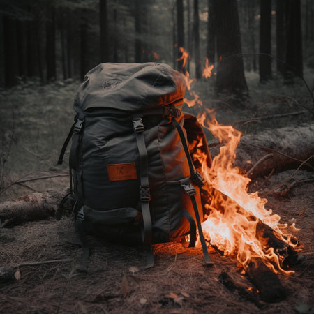 Hiking backpack and bonfire in the forest. Travel concept.の素材