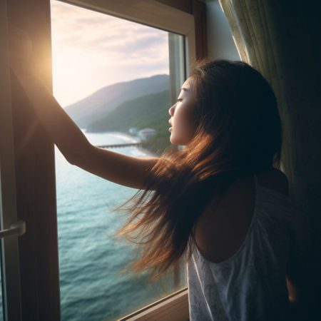 Beautiful asian woman looking out the window at the sea at sunset.Generative AIの素材
