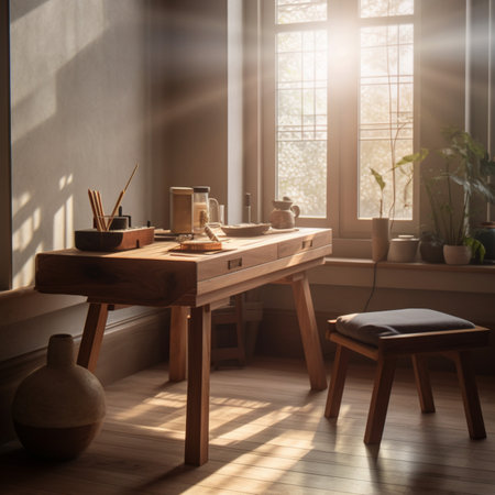 Wooden desk in a modern room with sunlight from the window.の素材