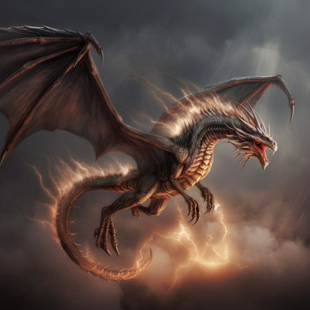 Dragon flying on stormy sky with lightning. 3D illustration.の素材