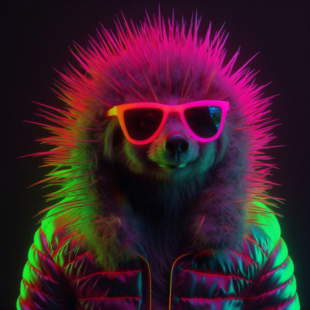 Fashionable portrait of a stylish dog in a pink jacket and sunglasses on a black background.の素材