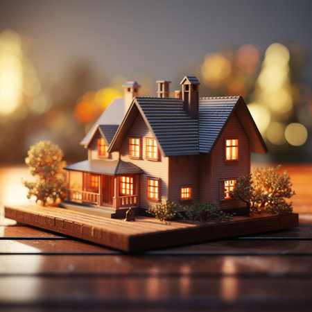House model on wooden table with blurred city background. Real estate concept.の素材