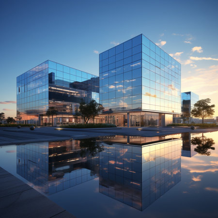 Modern office building reflecting in water at sunset. 3D rendering.の素材