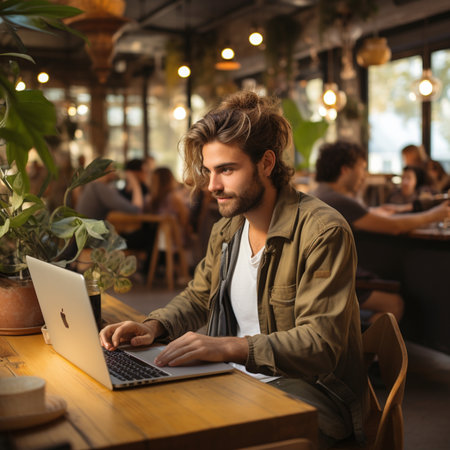 Handsome young man working on laptop in cafe, sitting at tableの素材