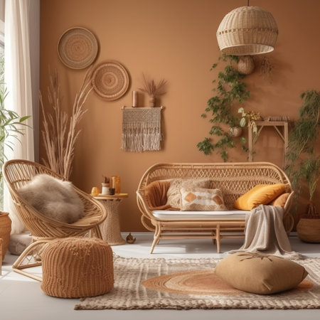 Interior of modern living room with wicker furniture and decorative elementsの素材