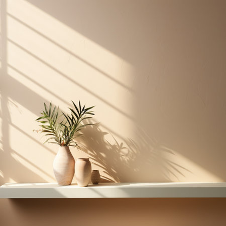 houseplant in vase on shelf near beige wall with shadowsの素材