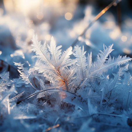 Hoarfrost on the grass in the rays of the setting sunの素材