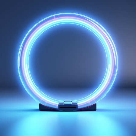 Glowing neon circle on blue background, 3d rendering. Computer digital drawing.Generative AIの素材