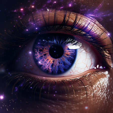 Beautiful female eye with glowing iris in space. 3D renderingの素材